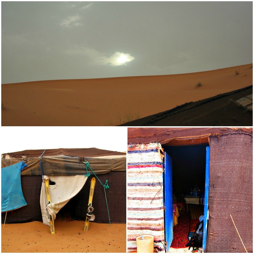 A photo collage of the Saharan sky and dune over the tent top and close up of the tents.
