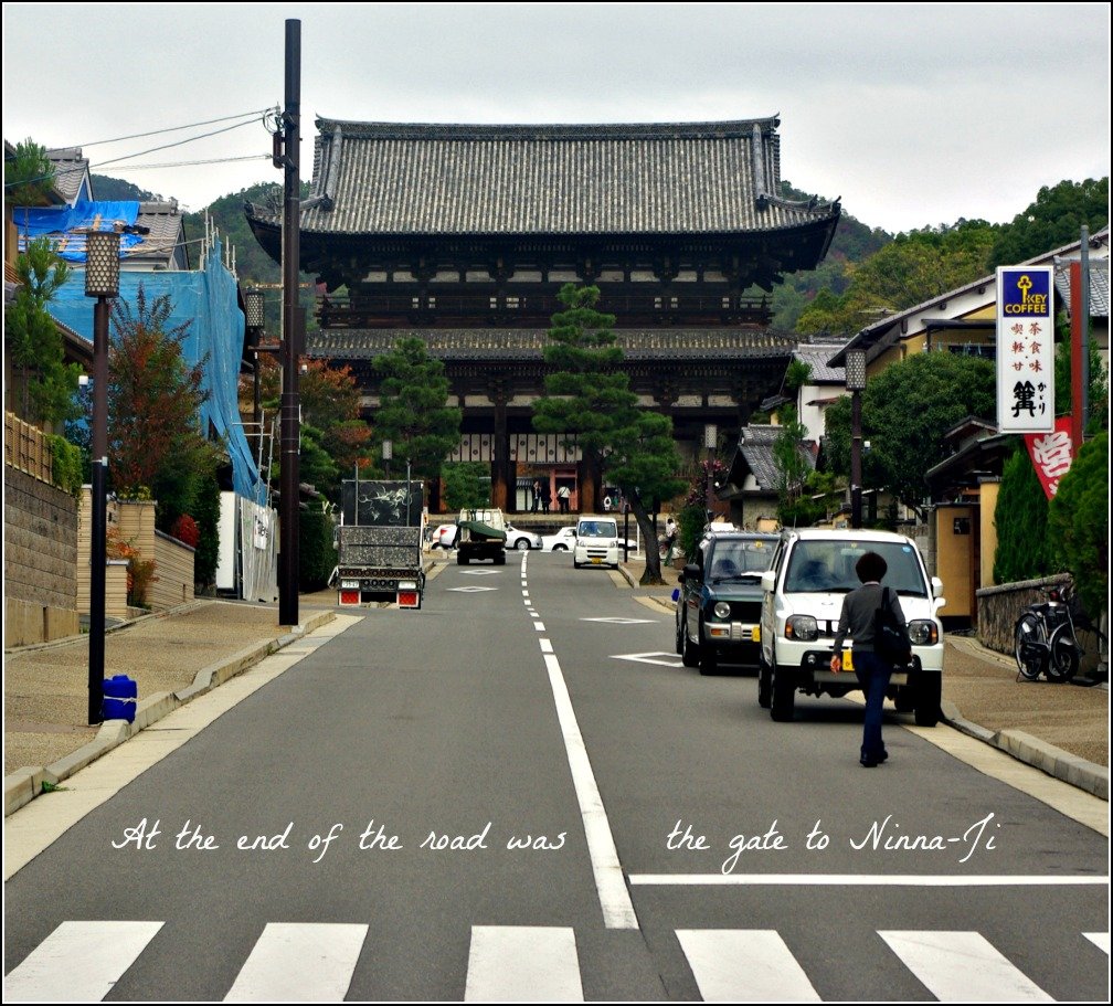 Walking along the street from Kitano Line Stop B5 toward Nio-mon gate at Ninna-Ji 