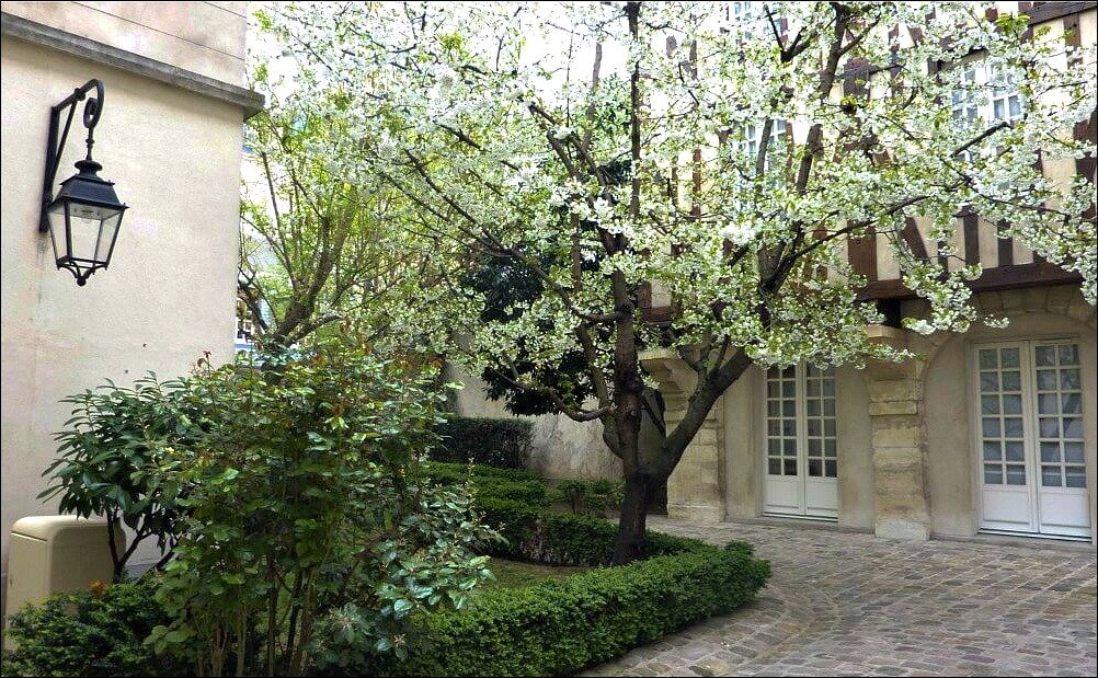The paved Le Marais Garden France with tree as visited with the Paris Greeters free guided walking tours
