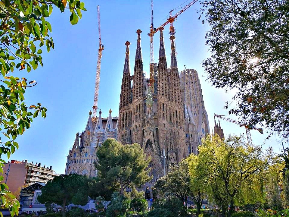 An outside shot of Sagrada Familia, Gaudi's unfinished cathedral in Barcelona