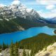 Peyto Lake in the Canadian Rockies is brilliant blue in an impressive landscape