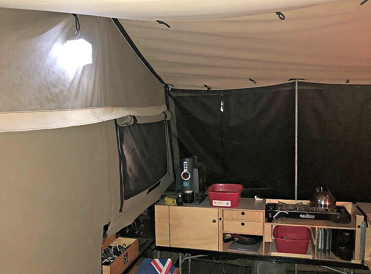 Solar Lantern hanging in the annexe of a camper trailer in Australia