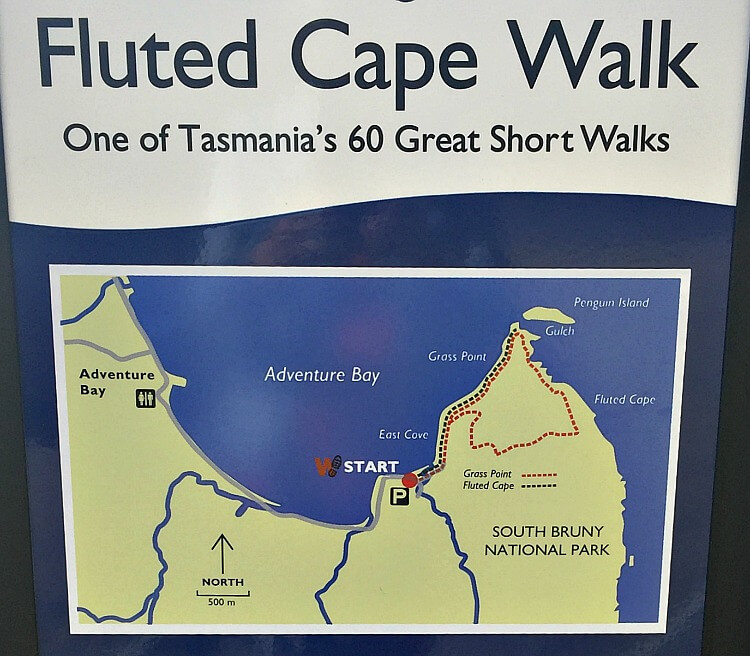 Yellow on Blue Fluted Cape Walk Sign in Adventure Bay