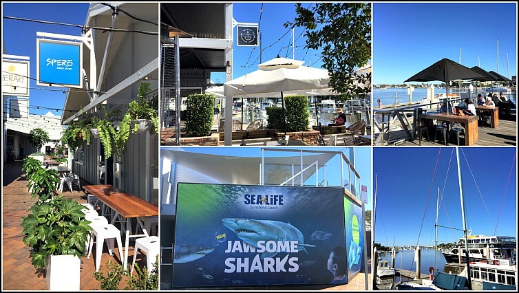 A collage of photos from The Wharf Mooloolaba including boats restaurants and aquariums