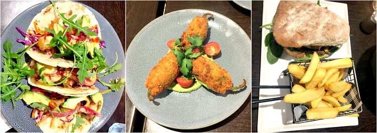 Collage of Vegan and Non-Vegan food at Eden Cafe Townsville including Tempura Prawn Tacos, Crumbed Jalapeno and Steak Sandwich