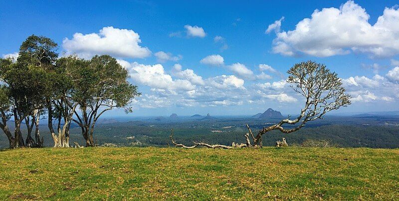 View of Glass House Mountains from One Tree Hill